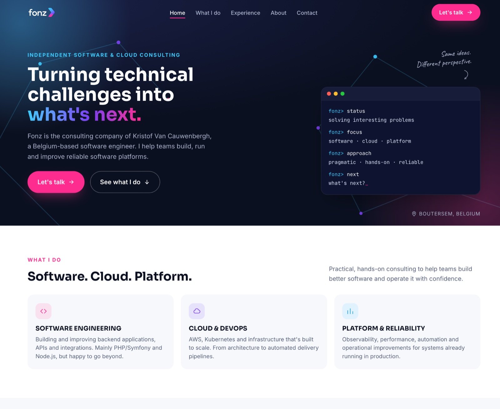 The Fonz website homepage: “Turning technical challenges into what's next.” beside a terminal panel.